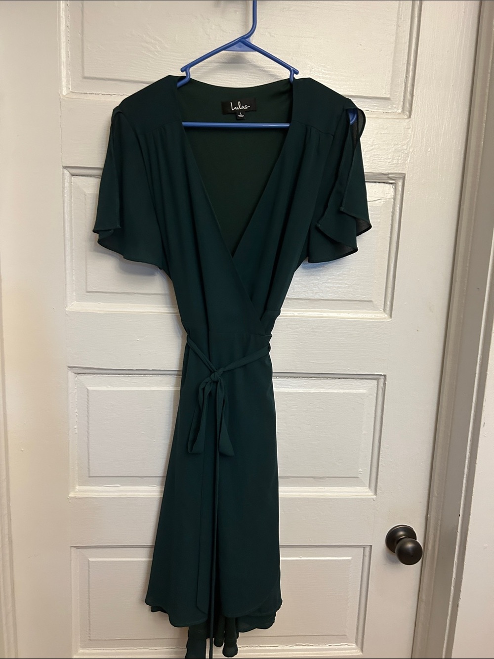 Lulu's Forest Green Wrap Dress with Flutter Sleeves